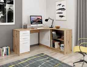 Birou în culoarea stejar Artisan / alb lucios. Polița poate fi montată exclusiv pe partea stângă. Grosimea plăcii de mobilier: 18 mm