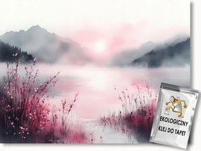 Fotótapéta Flizelina Tájkép Hegyek Tó Virágok Szürke Rózsaszín 200x140 ragasztó