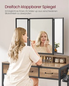 Fésülködő asztal párnázott székkel, fésülködő asztal tükörrel, tölgy barna/fekete