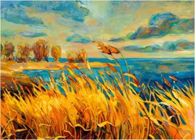 Kép - naplemente a tó felett, akril festmény (üvegen) (70x50 cm)