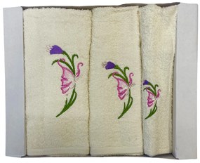 Ajándékcsomag 3 db 70x140 cm-es fürdőlepedőből és 50x100 cm-es, valamint 30x50 cm-es törölközőkből,tejszínes  színben, TiaHome