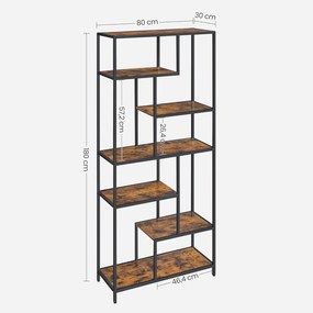 Könyvespolc, 6 szintes könyvespolc 30 x 80 x 180 cm, rusztikus barna és fekete