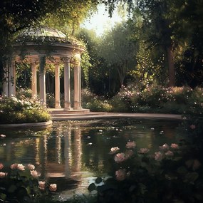 Vászonkép Canvas Tájkép Kert Park Pavilon Tó Virágok Rózsák 40x40