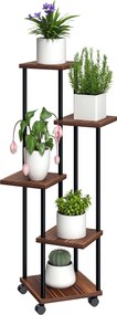 Outsunny 5-szintes növénytartó kerekekkel, virágtartó beltérre és kültérre, acél- és fa növénytároló, több szintes virágrács, 110 cm magas viráklétra