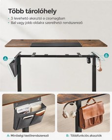 Elektromosan állítható íróasztal, 160 x 70 cm, 72–120 cm, 4 memóriahellyel, vintage barna/fekete