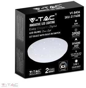 V-Tac 48 Cm 36W LED Csillogó Búrás Kör Mennyezeti Lámpa Állítható Színhőmérséklet -tel 3900 Lumen