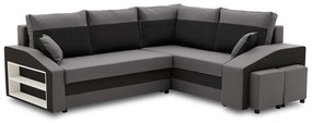 Grande sarokkanapé polcokkal és puffokkal , polc a bal karfaban puffok a jobb karfaban, jobboldali, szövet anyag, hab töltet, szürke - fekete