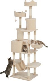 PawHut Nagy Macska Karcoló 206 cm Magas Macska Fa Torony Platformokkal, Barlangokkal, Függő Labdákkal és Hummockokkal - Bézs | Aosom