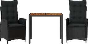 vidaXL 3 részes fekete polyrattan kerti étkezőgarnitúra párnákkal