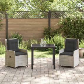 3 Darab Kert Étkező Készlet Világosszürke Poli Rattan, Asztal Fekete 80x80x73 cm Edzett Üveg