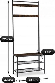 Előszobai fogas 70 cm méretben, polcos kivitelben, rusztikus tölgy/fekete színben JETT