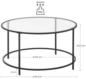Kerek dohányzóasztal, üvegasztal fém kerettel, fekete