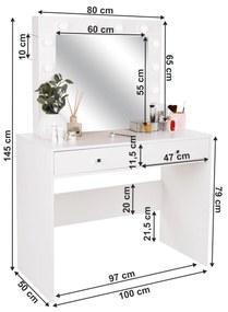 Fésülködőasztal LED világítással, fehér, LEDIO