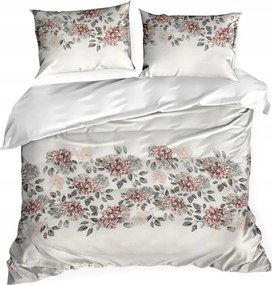 Nika szatén ágyneműhuzat 200x220 krémszínű, szürke korall hortenzia virágokkal