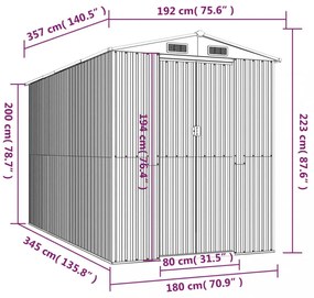 antracitszürke horganyzott acél kerti fészer 192 x 357 x 223 cm