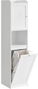 Magas fürdőszobai szekrény szennyeskosárral,  tárolóegységgel, felhőfehér