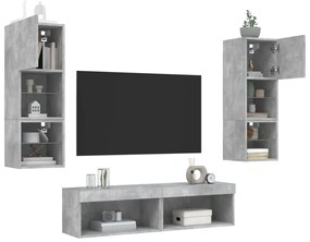 6 darab betonszürke szerelt fa fali TV-bútor LED-del