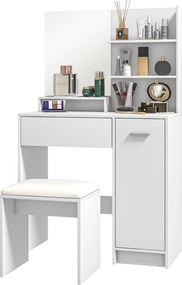 HOMCOM Sminkasztal Zongoramankóval Tükörrel, Nyitott Polcokkal, Fiókkal és Állítható Polccal, 80x40x132 cm, Fehér | Aosom