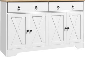 HOMCOM Büfé tároló szekrény konyhai szekrény vidéki stílusban 2 fiókkal és 2 állítható magasságú polccal - méret: 121L x 37W x 75H cm fehér | Aosom