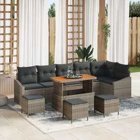 9 darabos kertiszófa szett párnákkal szürke poli rattan akáccal, 2 fős kertiszófa párnákkal szürke poli rattan, 3 darabos kertészeti étkező szett párnákkal szürke poli rattan akáccal