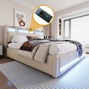 Kárpitozott ágy 180*200 cm Franciaágy Hidraulikus polcok Led/usb Bézs