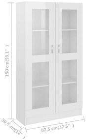 magasfényű fehér szerelt fa vitrinszekrény 82,5 x 30,5 x 150 cm