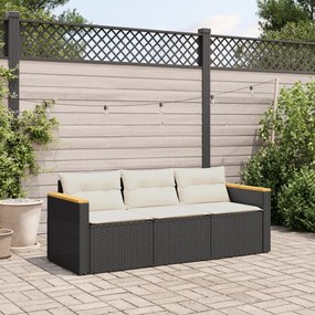 Fekete 3 személyes polyrattan kerti kanapé párnákkal