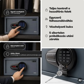 Hotelszéf elektronikus kódzárral, 15″ laptophoz és dokumentumokhoz, 200 x420x370 mm: ALFRED