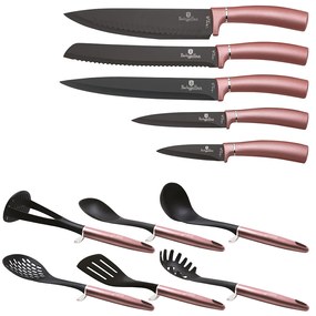 12-részes rozsdamentes acél kés- és konyhai eszköz készlet PINK- SILVER 19971