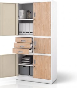 Fém irodai szekrény széffel, fehér, sonoma tölgy, 900x1850x400 mm: FILIP II Eco Design
