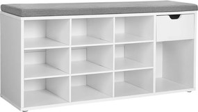Cipőtároló pad, fiókkal és nyitott rekeszekkel, párnázott ülőfelülettel, fehér és szürke 104x30x48cm