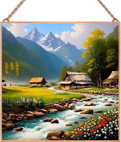 Alpesi falu üvegkép, falikép