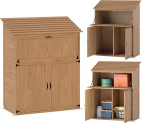 Outsunny Fa Kerti Szekrény, Eszköztároló Lépcsős Tetővel, Összecsukható Asztallal és Dupla Ajtóval 110 x 54 x 136 cm, Időjárásálló Tárolószekrény, Ker
