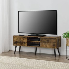 [en.casa] TV-állvány Eskilstuna 120 x 29,5 x 46,5 cm TV-szekrény polccal tévéasztal ajtóval forgácslap tömör fa lábakkal fa-hatású, sötét árnyalat