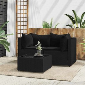 3 részes fekete polyrattan kerti ülőgarnitúra párnákkal