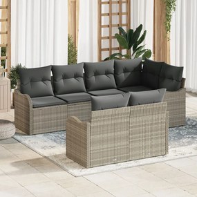 7 darabos világosszürke poli rattan kert kanapé szett párnákkal, 2 üléses kert kanapé tárolóval és párnákkal, világosszürke poli rattan