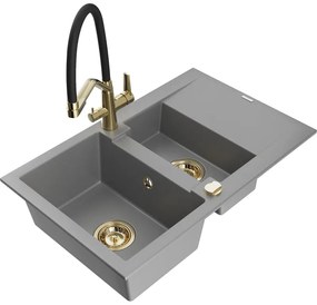 Mexen Gaspar gránit mosogatótálca, 1,5 rekeszes, csepegtetővel és Duo konyhai csapteleppel, szürke - 6507-71-671701-57-G