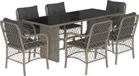 vidaXL 7 részes világosszürke polyrattan kerti étkezőszett párnával