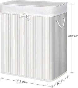 Bambusz szennyeskosár 100l, 2 rekeszes ruhakosár mosható zsákkal