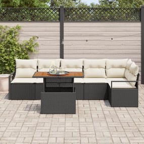 7 részes kerti kanapé szett párnákkal fekete PE rattan akácfa, 2 fős kerti kanapé párnákkal fekete PE rattan