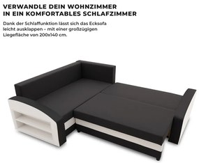 Grande sarokkanapé polcokkal , polc a bal karfaban, baloldali, szövet anyag, bonell töltet, fekete - fehér