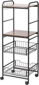 HOMCOM Konyhai Kocsi Kerekekkel 2 Polccal, 2 Kivehető Kosárral és 4 Akasztóval a Étkezőhöz és Fürdőszobához 40x38x111 cm Faragott és Fekete | Aosom