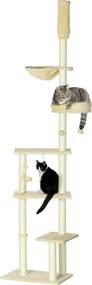 PawHut Padlótól A Mennyezetig Terjedő Macska Fáról Szőrhúzóoszlop Macskáknak Állítható Magassággal, Több Platformmal, Kosarakkal, Függőhintákkal és La