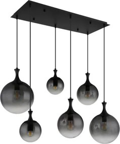 Globo 15885-6H Függeszték fém fekete matt, füstszínű üveg búra, fekete PVC kábel, magassága lerövidíthető, HxSzxM: 970x480x1410mm, a búrák méretei: 2 x 15 cm, 20 cm, 25 cm, 6x E27 LED 10W 230V izzók nélkül