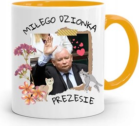 Sárga Vicces Bögre Jaroslaw Kaczynski felirattal, fényképpel