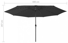 fekete kültéri napernyő LED-fényekkel és fémrúddal 400 cm