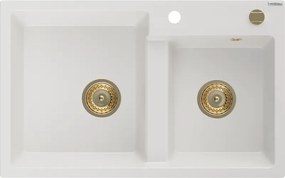 Mexen Tomas 2 rekeszes gránit mosogató 800 x 500 mm, fehér, arany szifon - 6516802000-20-G