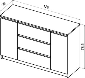 SIMPLE komód 120 cm, 2 ajtóval és 3 fiókkal, fekete