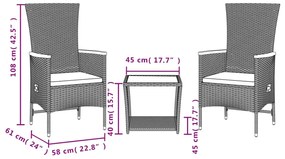 3 részes fekete polyrattan kerti étkezőgarnitúra párnákkal