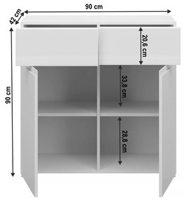 Komód 2D2S, fehér/fehér extra magas fényű HG, JOLK